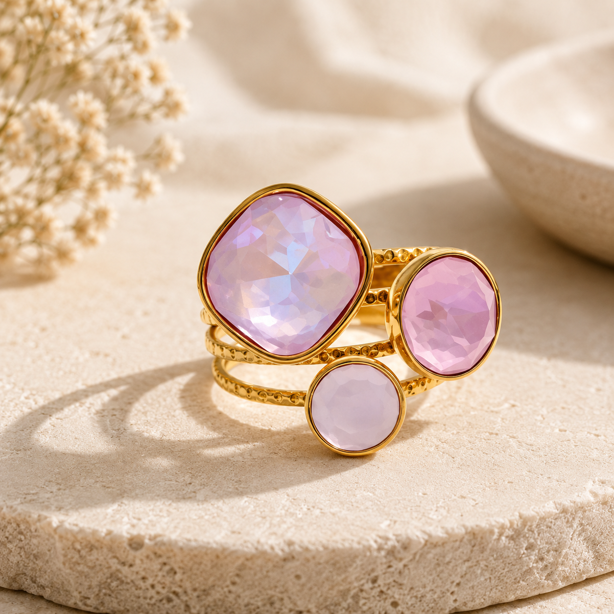 Anillo Ajustable de Cristal Multicolor (PVD Oro 18K)