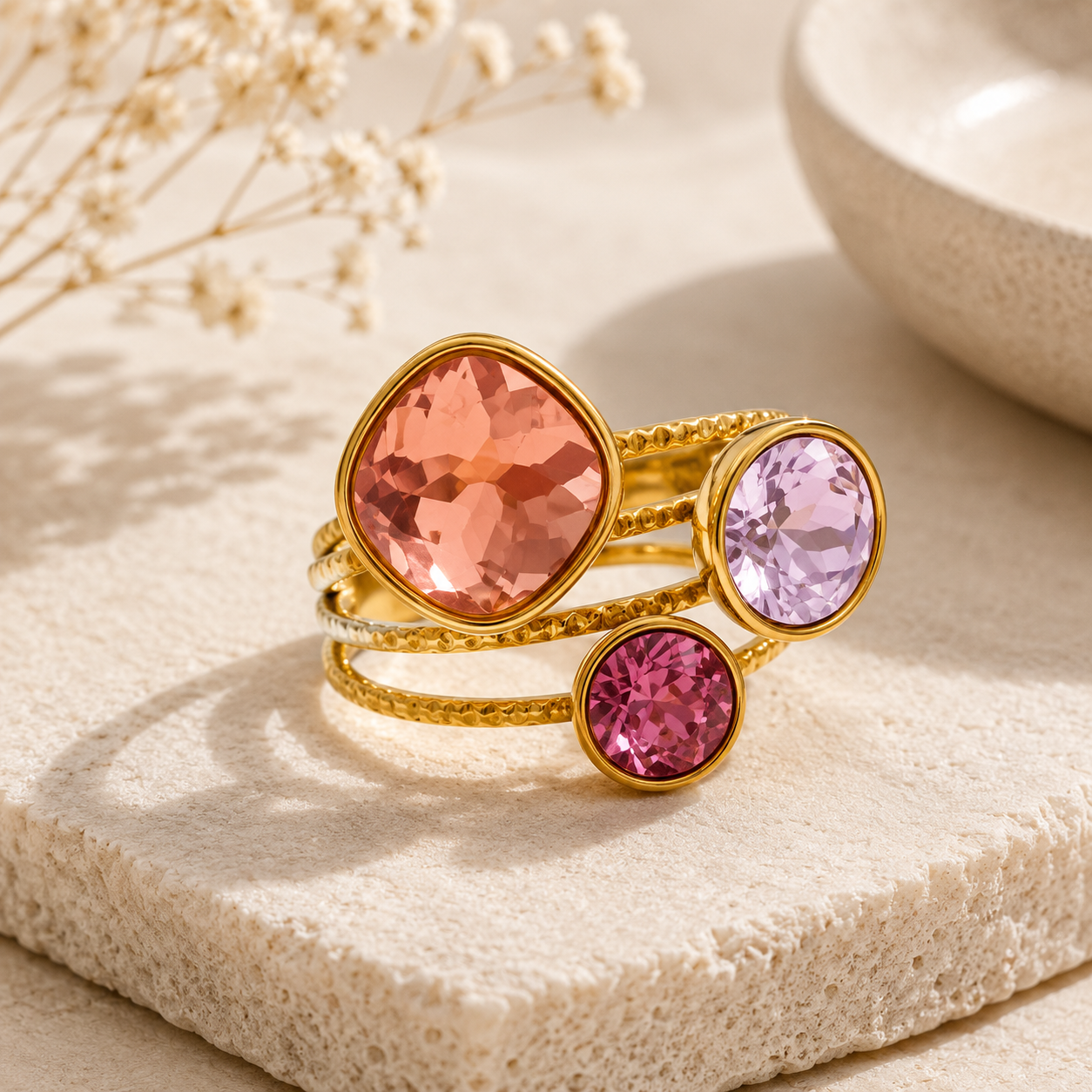 Anillo Ajustable de Cristal Multicolor (PVD Oro 18K)